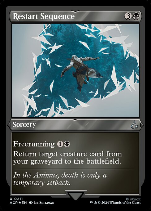 Freerunning {1}{B} (You may cast this spell for its freerunning cost if you dealt combat damage to a player this turn with an Assassin or commander.)
Return target creature card from your graveyard to the battlefield.