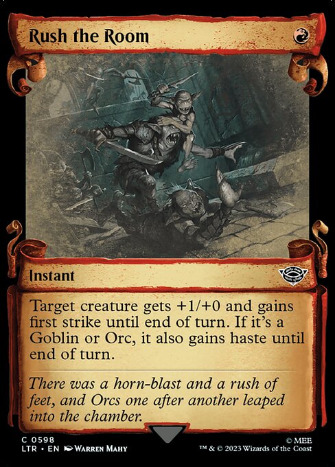 Target creature gets +1/+0 and gains first strike until end of turn. If it's a Goblin or Orc, it also gains haste until end of turn.