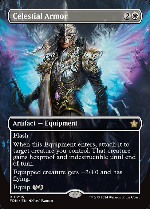 Flash (You may cast this spell any time you could cast an instant.)
When this Equipment enters, attach it to target creature you control. That creature gains hexproof and indestructible until end of turn.
Equipped creature gets +2/+0 and has flying.
Equip {3}{W} ({3}{W}: Attach to target creature you control. Equip only as a sorcery.)