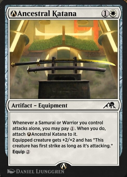 Whenever a Samurai or Warrior you control attacks alone, you may pay {1}. When you do, attach Ancestral Katana to it.
Equipped creature gets +2/+2 and has "This creature has first strike as long as it's attacking."
Equip {2} ({2}: Attach to target creature you control. Equip only as a sorcery.)