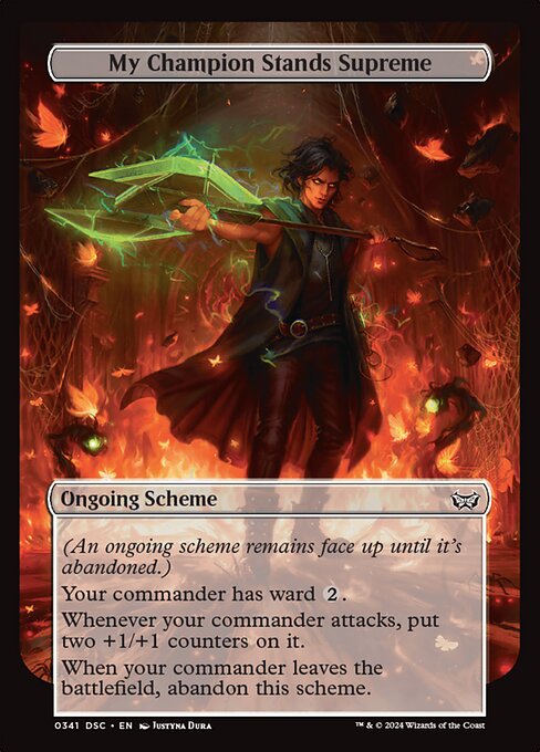 (An ongoing scheme remains face up until it's abandoned.)
Your commander has ward {2}.
Whenever your commander attacks, put two +1/+1 counters on it.
When your commander leaves the battlefield, abandon this scheme.