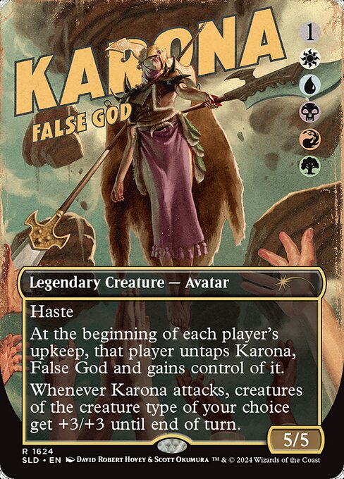 Haste
At the beginning of each player's upkeep, that player untaps Karona and gains control of it.
Whenever Karona attacks, creatures of the creature type of your choice get +3/+3 until end of turn.