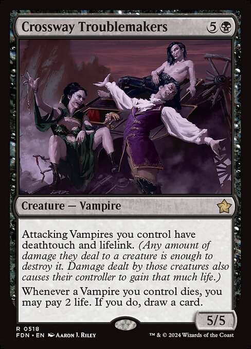 Attacking Vampires you control have deathtouch and lifelink. (Any amount of damage they deal to a creature is enough to destroy it. Damage dealt by those creatures also causes their controller to gain that much life.)
Whenever a Vampire you control dies, you may pay 2 life. If you do, draw a card.