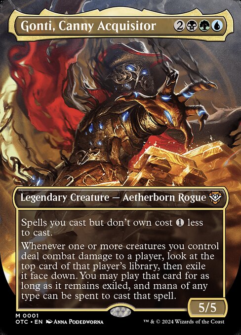 Spells you cast but don't own cost {1} less to cast.
Whenever one or more creatures you control deal combat damage to a player, look at the top card of that player's library, then exile it face down. You may play that card for as long as it remains exiled, and mana of any type can be spent to cast that spell.