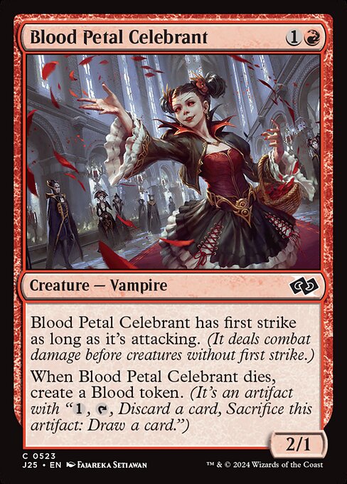 Blood Petal Celebrant has first strike as long as it's attacking. (It deals combat damage before creatures without first strike.)
When Blood Petal Celebrant dies, create a Blood token. (It's an artifact with "{1}, {T}, Discard a card, Sacrifice this artifact: Draw a card.")