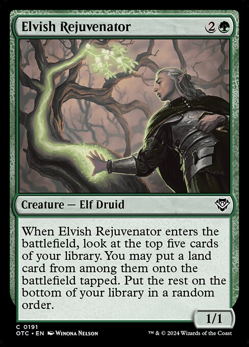 When Elvish Rejuvenator enters the battlefield, look at the top five cards of your library. You may put a land card from among them onto the battlefield tapped. Put the rest on the bottom of your library in a random order.