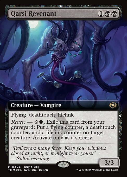 Flying, deathtouch, lifelink
Renew — {2}{B}, Exile this card from your graveyard: Put a flying counter, a deathtouch counter, and a lifelink counter on target creature. Activate only as a sorcery.