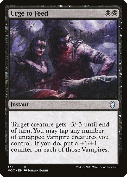Target creature gets -3/-3 until end of turn. You may tap any number of untapped Vampire creatures you control. If you do, put a +1/+1 counter on each of those Vampires.