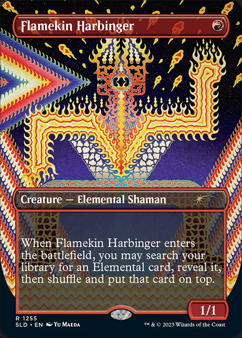 When Flamekin Harbinger enters the battlefield, you may search your library for an Elemental card, reveal it, then shuffle and put that card on top.