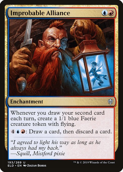 Whenever you draw your second card each turn, create a 1/1 blue Faerie creature token with flying.
{4}{U}{R}: Draw a card, then discard a card.