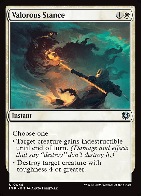 Choose one —
• Target creature gains indestructible until end of turn. (Damage and effects that say destroy don't destroy it.)
• Destroy target creature with toughness 4 or greater.