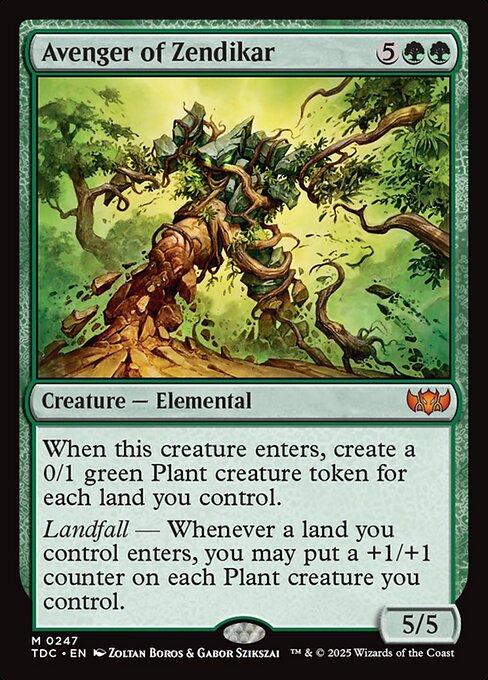 When this creature enters, create a 0/1 green Plant creature token for each land you control.
Landfall — Whenever a land you control enters, you may put a +1/+1 counter on each Plant creature you control.