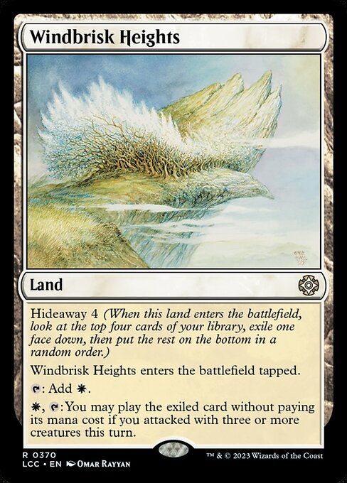 Hideaway 4 (When this land enters, look at the top four cards of your library, exile one face down, then put the rest on the bottom in a random order.)
This land enters tapped.
{T}: Add {W}.
{W}, {T}: You may play the exiled card without paying its mana cost if you attacked with three or more creatures this turn.