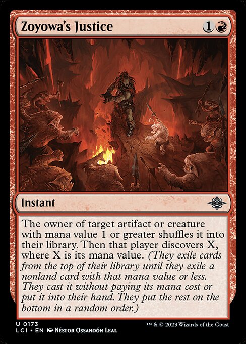 The owner of target artifact or creature with mana value 1 or greater shuffles it into their library. Then that player discovers X, where X is its mana value. (They exile cards from the top of their library until they exile a nonland card with that mana value or less. They cast it without paying its mana cost or put it into their hand. They put the rest on the bottom in a random order.)