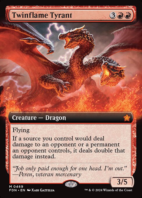 Flying
If a source you control would deal damage to an opponent or a permanent an opponent controls, it deals double that damage instead.