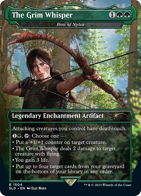 Attacking creatures you control have deathtouch.
{1}{G}, {T}: Choose one —
• Put a +1/+1 counter on target creature.
• Bow of Nylea deals 2 damage to target creature with flying.
• You gain 3 life.
• Put up to four target cards from your graveyard on the bottom of your library in any order.