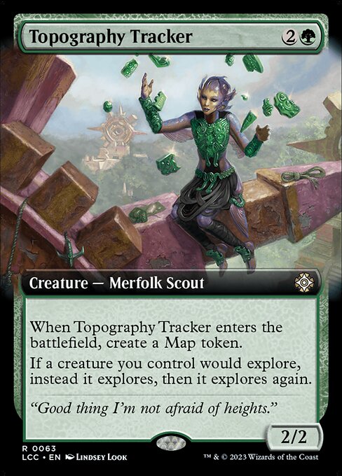 When this creature enters, create a Map token. (It's an artifact with "{1}, {T}, Sacrifice this token: Target creature you control explores. Activate only as a sorcery.")
If a creature you control would explore, instead it explores, then it explores again.