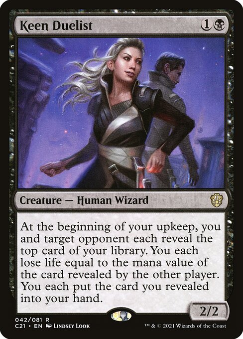 At the beginning of your upkeep, you and target opponent each reveal the top card of your library. You each lose life equal to the mana value of the card revealed by the other player. You each put the card you revealed into your hand.