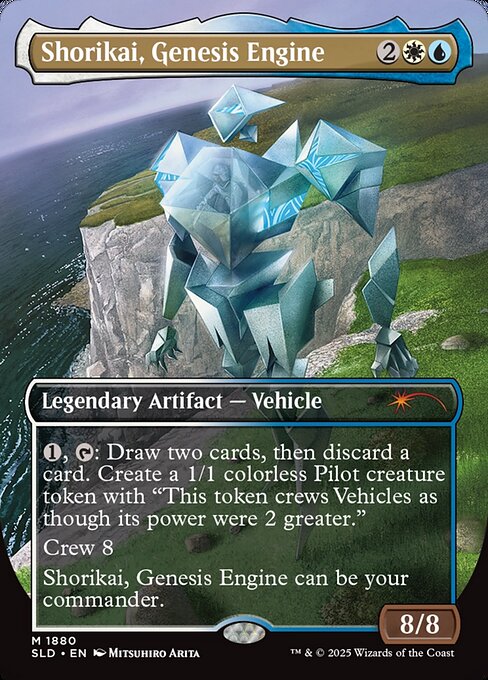 {1}, {T}: Draw two cards, then discard a card. Create a 1/1 colorless Pilot creature token with "This token crews Vehicles as though its power were 2 greater."
Crew 8 (Tap any number of creatures you control with total power 8 or more: This Vehicle becomes an artifact creature until end of turn.)
Shorikai, Genesis Engine can be your commander.