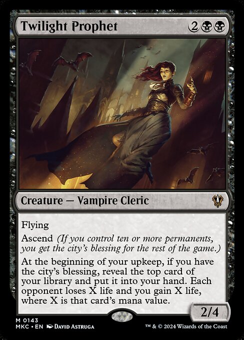 Flying
Ascend (If you control ten or more permanents, you get the city's blessing for the rest of the game.)
At the beginning of your upkeep, if you have the city's blessing, reveal the top card of your library and put it into your hand. Each opponent loses X life and you gain X life, where X is that card's mana value.