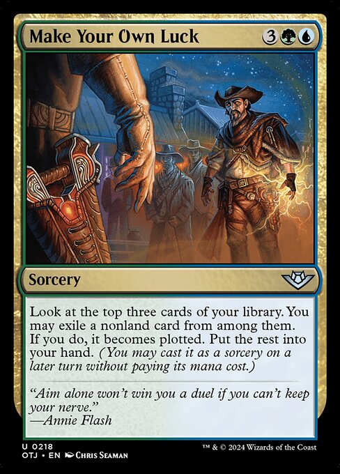 Look at the top three cards of your library. You may exile a nonland card from among them. If you do, it becomes plotted. Put the rest into your hand. (You may cast it as a sorcery on a later turn without paying its mana cost.)