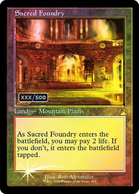 ({T}: Add {R} or {W}.)
As Sacred Foundry enters the battlefield, you may pay 2 life. If you don't, it enters the battlefield tapped.