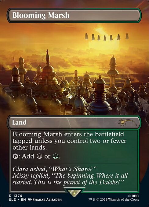Blooming Marsh enters the battlefield tapped unless you control two or fewer other lands.
{T}: Add {B} or {G}.
