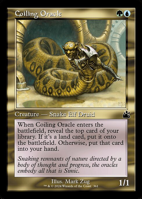 When Coiling Oracle enters, reveal the top card of your library. If it's a land card, put it onto the battlefield. Otherwise, put that card into your hand.