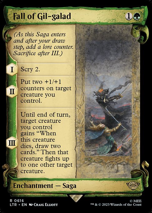 (As this Saga enters and after your draw step, add a lore counter. Sacrifice after III.)
I — Scry 2.
II — Put two +1/+1 counters on target creature you control.
III — Until end of turn, target creature you control gains "When this creature dies, draw two cards." Then that creature fights up to one other target creature.
