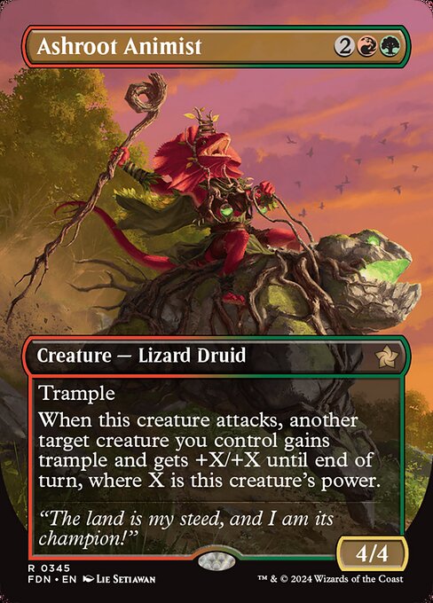Trample
When this creature attacks, another target creature you control gains trample and gets +X/+X until end of turn, where X is this creature's power.
