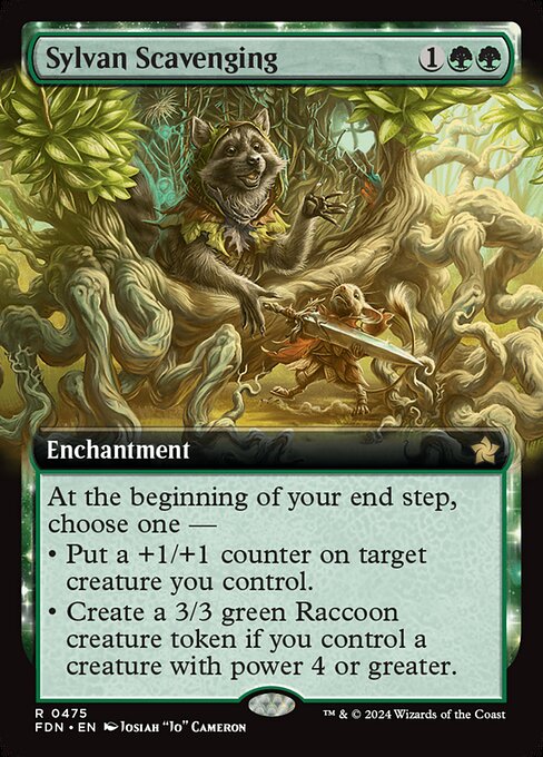 At the beginning of your end step, choose one —
• Put a +1/+1 counter on target creature you control.
• Create a 3/3 green Raccoon creature token if you control a creature with power 4 or greater.