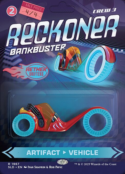 This Vehicle enters with three charge counters on it.
{2}, {T}, Remove a charge counter from this Vehicle: Draw a card. Then if there are no charge counters on this Vehicle, create a Treasure token and a 1/1 colorless Pilot creature token with "This token crews Vehicles as though its power were 2 greater."
Crew 3   This Vehicle enters with three charge counters on it.
{2}, {T}, Remove a charge counter from this Vehicle: Draw a card. Then if there are no charge counters on this Vehicle, create a 