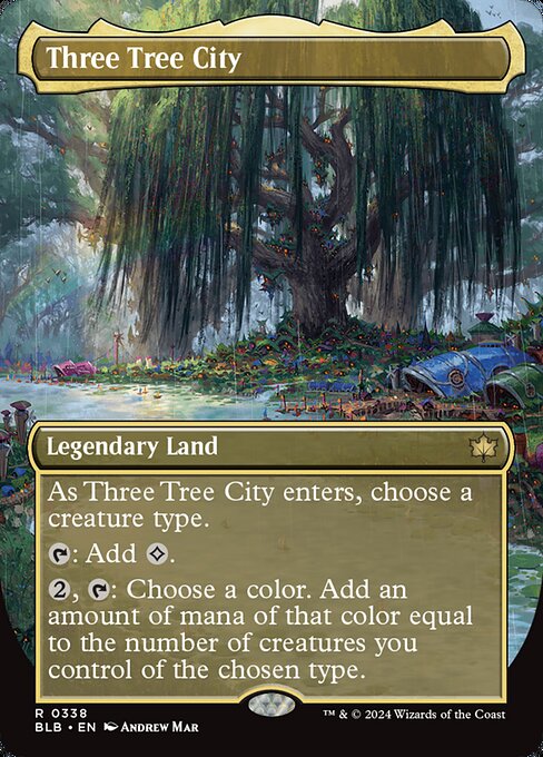 As Three Tree City enters, choose a creature type.
{T}: Add {C}.
{2}, {T}: Choose a color. Add an amount of mana of that color equal to the number of creatures you control of the chosen type.