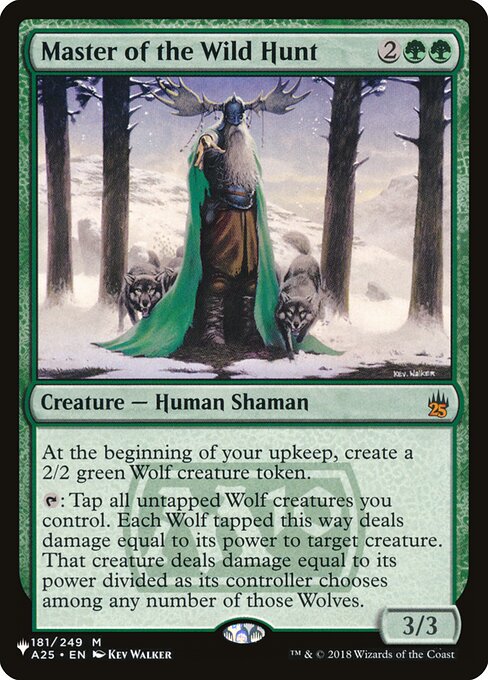 At the beginning of your upkeep, create a 2/2 green Wolf creature token.
{T}: Tap all untapped Wolf creatures you control. Each Wolf tapped this way deals damage equal to its power to target creature. That creature deals damage equal to its power divided as its controller chooses among any number of those Wolves.
