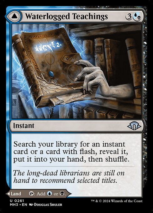 Search your library for an instant card or a card with flash, reveal it, put it into your hand, then shuffle.   Inundated Archive enters the battlefield tapped.
{T}: Add {U} or {B}.