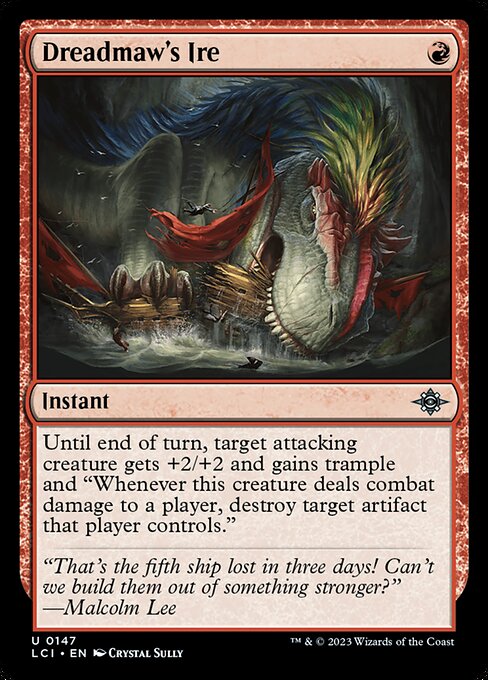 Until end of turn, target attacking creature gets +2/+2 and gains trample and "Whenever this creature deals combat damage to a player, destroy target artifact that player controls."