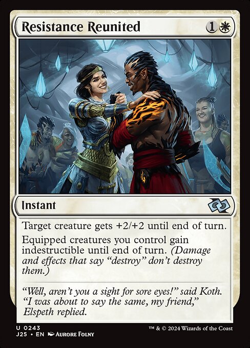 Target creature gets +2/+2 until end of turn.
Equipped creatures you control gain indestructible until end of turn. (Damage and effects that say "destroy" don't destroy them.)