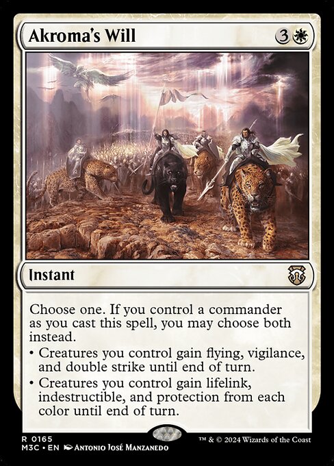 Choose one. If you control a commander as you cast this spell, you may choose both instead.
• Creatures you control gain flying, vigilance, and double strike until end of turn.
• Creatures you control gain lifelink, indestructible, and protection from each color until end of turn.