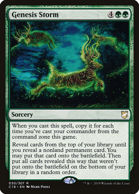 When you cast this spell, copy it for each time you've cast your commander from the command zone this game.
Reveal cards from the top of your library until you reveal a nonland permanent card. You may put that card onto the battlefield. Then put all cards revealed this way that weren't put onto the battlefield on the bottom of your library in a random order.