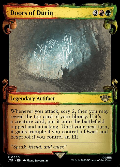 Whenever you attack, scry 2, then you may reveal the top card of your library. If it's a creature card, put it onto the battlefield tapped and attacking. Until your next turn, it gains trample if you control a Dwarf and hexproof if you control an Elf.