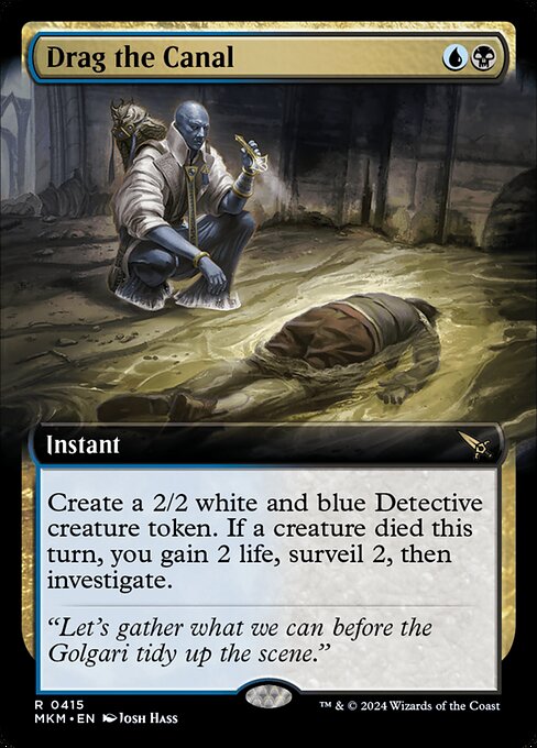 Create a 2/2 white and blue Detective creature token. If a creature died this turn, you gain 2 life, surveil 2, then investigate. (Create a Clue token. It's an artifact with "{2}, Sacrifice this artifact: Draw a card.")
