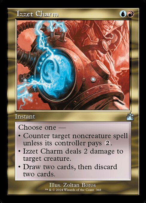 Choose one —
• Counter target noncreature spell unless its controller pays {2}.
• Izzet Charm deals 2 damage to target creature.
• Draw two cards, then discard two cards.
