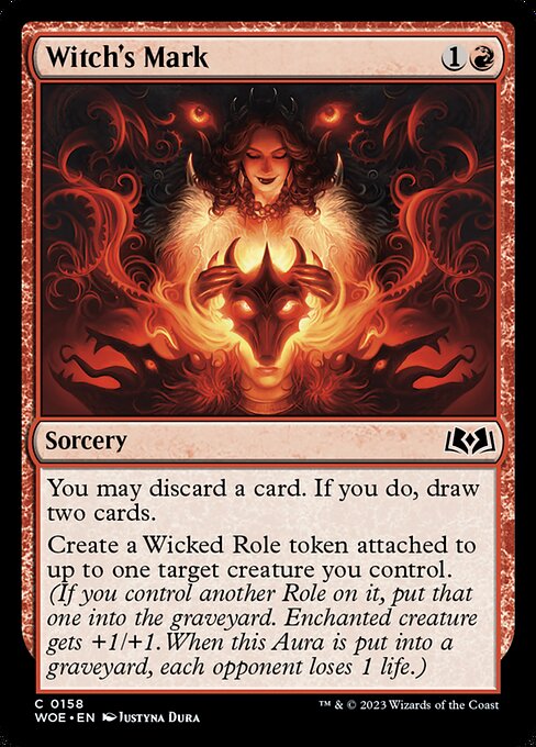 You may discard a card. If you do, draw two cards.
Create a Wicked Role token attached to up to one target creature you control. (If you control another Role on it, put that one into the graveyard. Enchanted creature gets +1/+1. When this Aura is put into a graveyard, each opponent loses 1 life.)