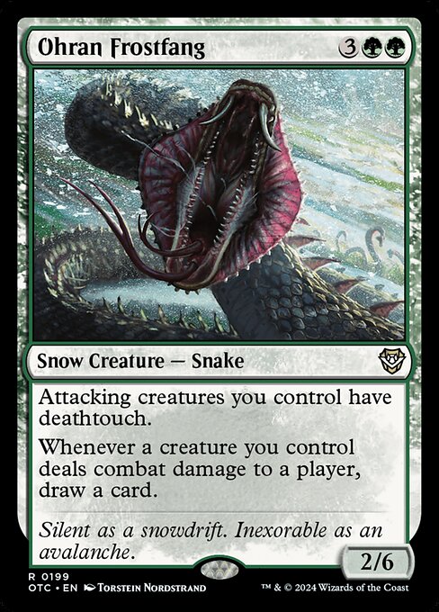 Attacking creatures you control have deathtouch.
Whenever a creature you control deals combat damage to a player, draw a card.