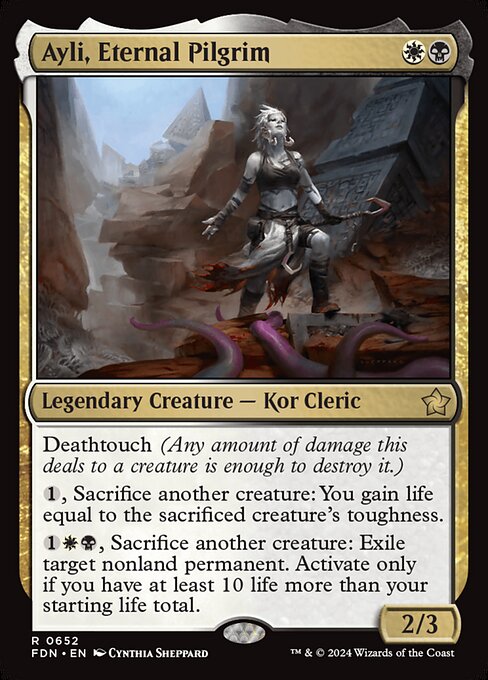 Deathtouch (Any amount of damage this deals to a creature is enough to destroy it.)
{1}, Sacrifice another creature: You gain life equal to the sacrificed creature's toughness.
{1}{W}{B}, Sacrifice another creature: Exile target nonland permanent. Activate only if you have at least 10 life more than your starting life total.