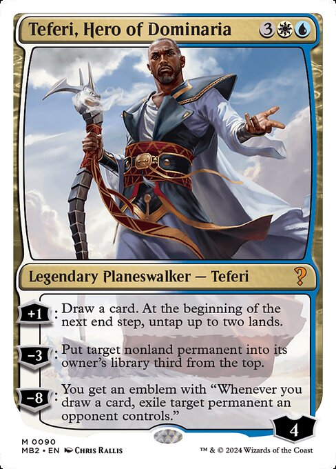 +1: Draw a card. At the beginning of the next end step, untap up to two lands.
−3: Put target nonland permanent into its owner's library third from the top.
−8: You get an emblem with "Whenever you draw a card, exile target permanent an opponent controls."