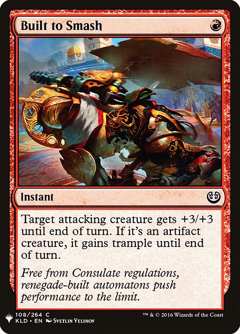 Target attacking creature gets +3/+3 until end of turn. If it's an artifact creature, it gains trample until end of turn.