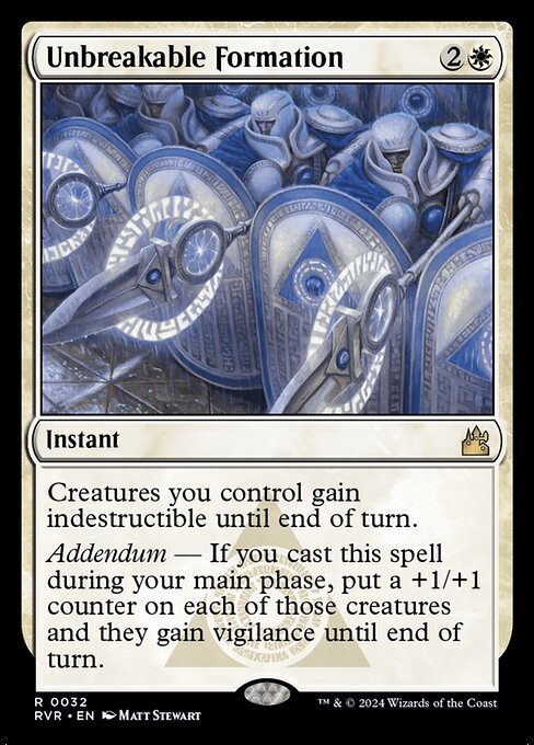 Creatures you control gain indestructible until end of turn.
Addendum — If you cast this spell during your main phase, put a +1/+1 counter on each of those creatures and they gain vigilance until end of turn.