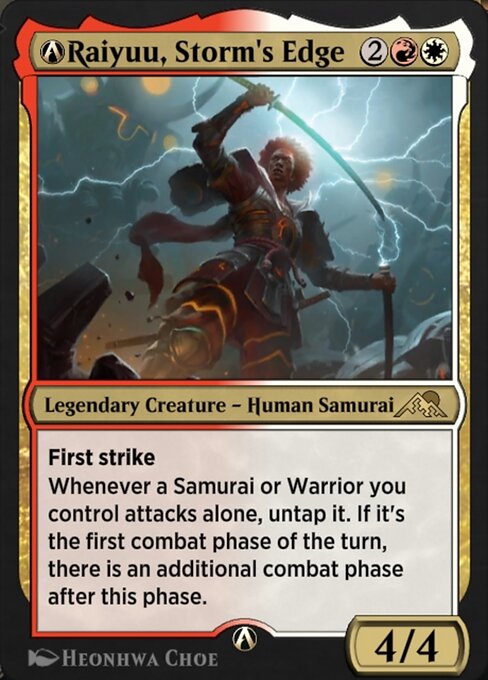 First strike
Whenever a Samurai or Warrior you control attacks alone, untap it. If it's the first combat phase of the turn, there is an additional combat phase after this phase.
