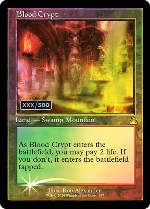 ({T}: Add {B} or {R}.)
As Blood Crypt enters, you may pay 2 life. If you don't, it enters tapped.